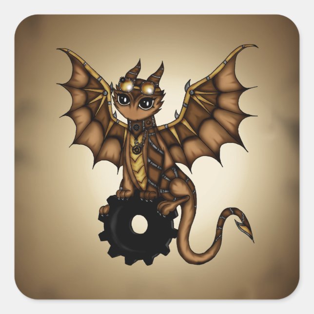 Pegatina Cuadrada Dragón Steampunk (Anverso)