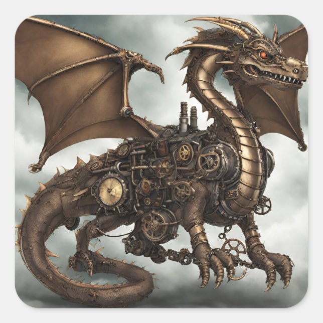 Pegatina Cuadrada Dragón Steampunk (Anverso)