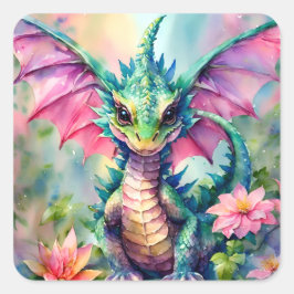 Pegatina Cuadrada Dragón verde Alas rosadas acuarela floral