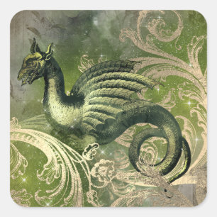 Pegatina Cuadrada Dragón verde místico