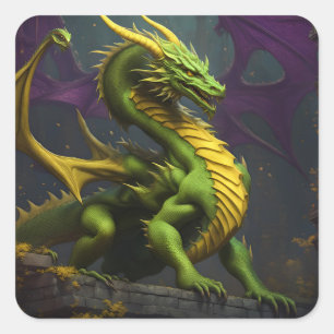 Pegatina Cuadrada Dragón verde y amarillo