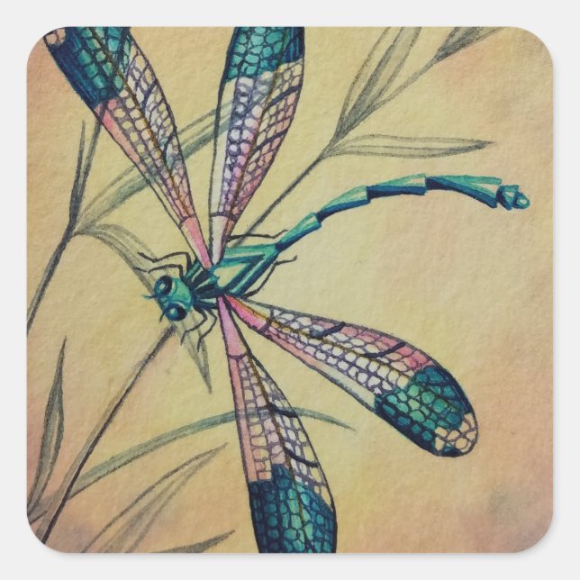 Pegatina Cuadrada Dragonfly de época No. 4 y acuarela de follaje (Anverso)