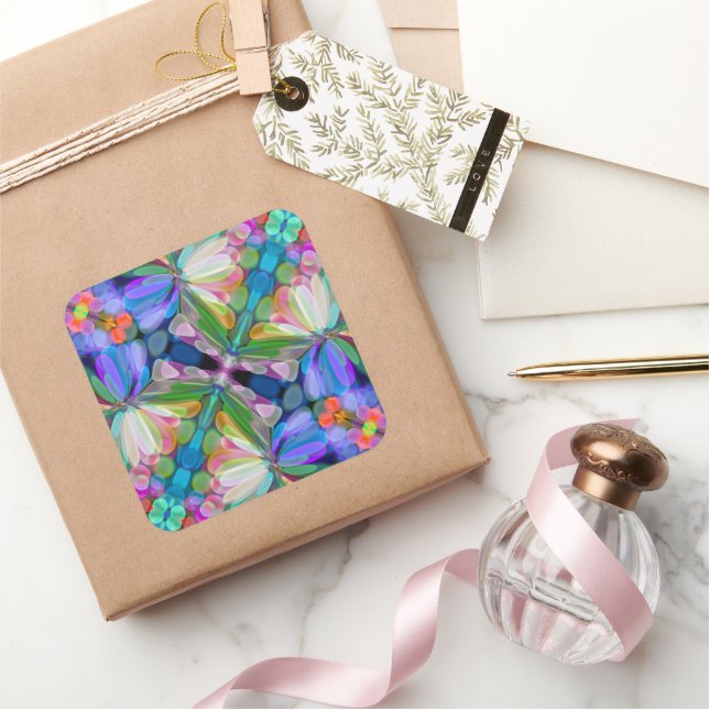 Pegatina Cuadrada Dragonfly Wildflower Garden Abstract Floral (Regalar)