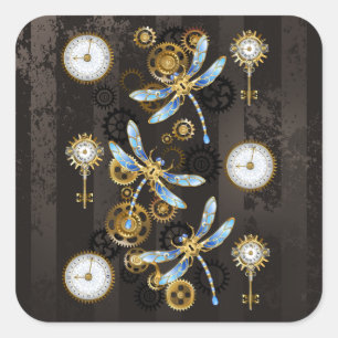 Pegatina Cuadrada Dragoniscos de Steampunk sobre fondo rayado marrón