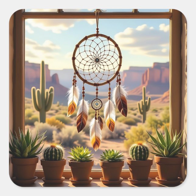 Pegatina Cuadrada Dreamcatcher, Desert Canyons, Cacti   (Anverso)