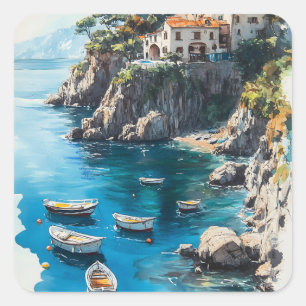 Pegatina Cuadrada Dreamy Amalfi Coast: Diseño de la pintura acuarela