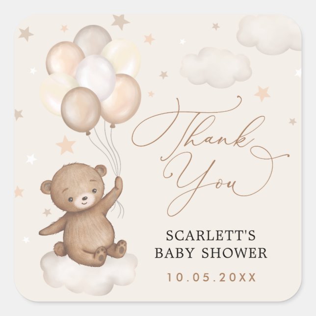 Pegatina Cuadrada Dreamy Bear & Balloons Baby Shower Gracias (Anverso)
