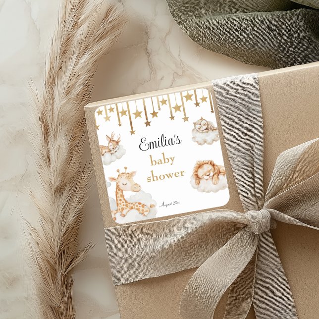 Pegatina Cuadrada Dreamy Golden Starry Animals Baby Shower (Subido por el creador)