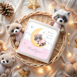 Pegatina Cuadrada Dreamy Over the Moon Raccoon Baby Shower Gracias