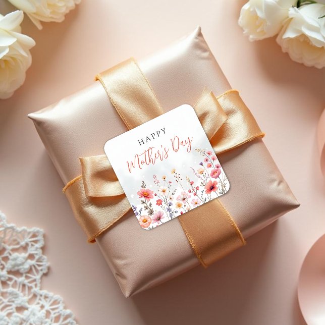 Pegatina Cuadrada Dreamy Wildflower Happy Mothers Day Garden Floral (Dreamy Spring Wildflower Garden Floral Watercolor Effect Happy Mothers Day Celebration Stickers.)