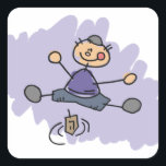Pegatina Cuadrada Dreidel Boy<br><div class="desc">Dibujo tipo niño de un niño girando el dreidel.</div>