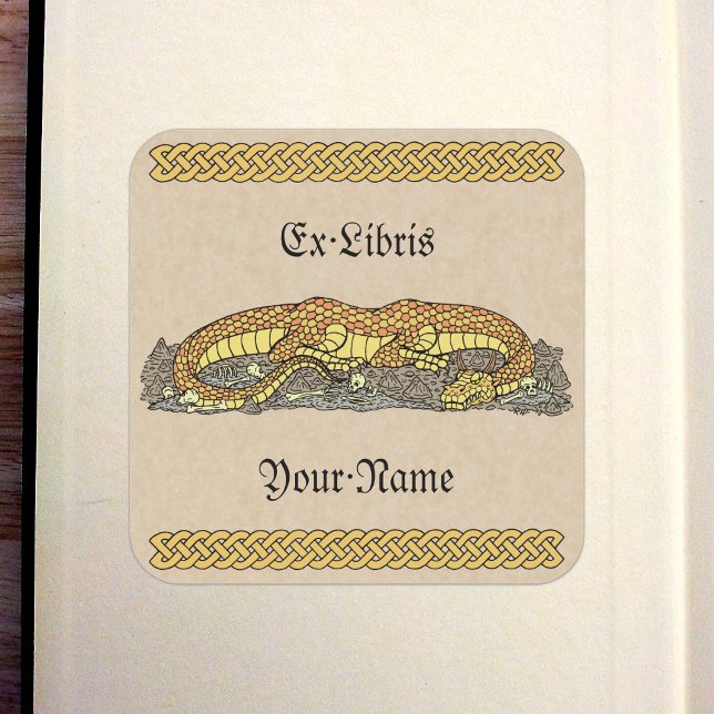 Pegatina Cuadrada Drenaje de fuego en la placa de reserva (Fire Drake at Rest Bookplate in Old Book)