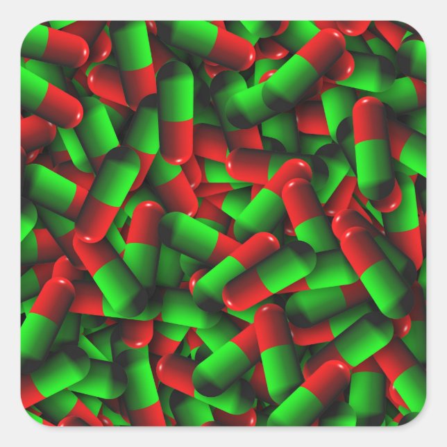 Pegatina Cuadrada drogas de pastillas verdes rojas (Anverso)