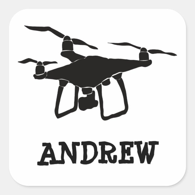 Pegatina Cuadrada Dron blanco y negro personalizado (Anverso)