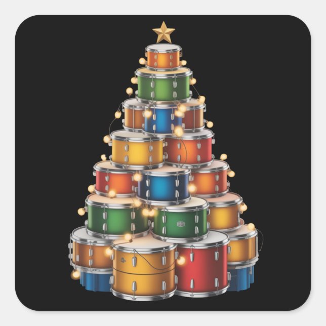 Pegatina Cuadrada Drumms Xmas Árbol de Navidad Drummer (Anverso)