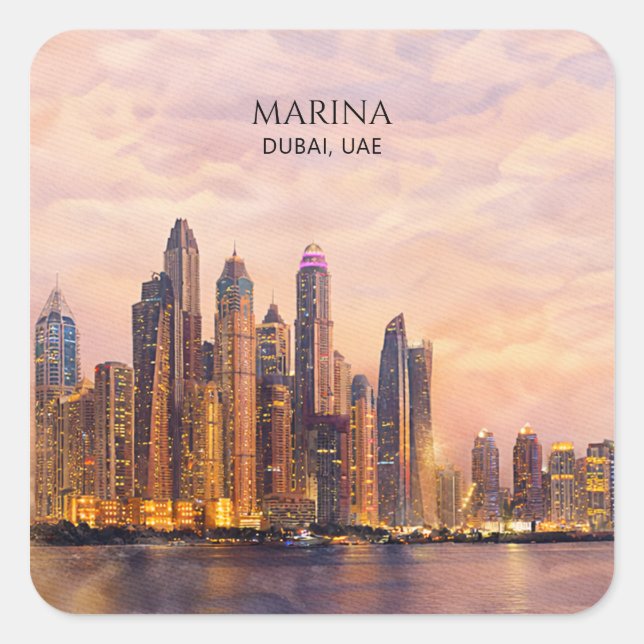 Pegatina Cuadrada Dubai Marina Skyline Watercolor City Lights Travel (Anverso)