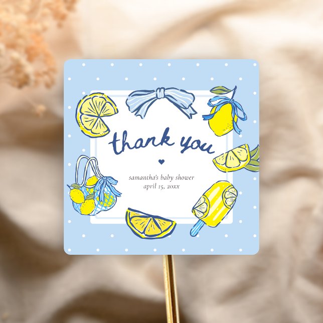 Pegatina Cuadrada Ducha de Bebé Apretón de Limón (We can't wait to Squeeze you Lemon Baby Shower Sticker)