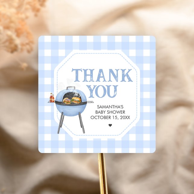 Pegatina Cuadrada Ducha de bebé Blue Burger BBQ (Bun and Burgers Baby Shower Sticker)