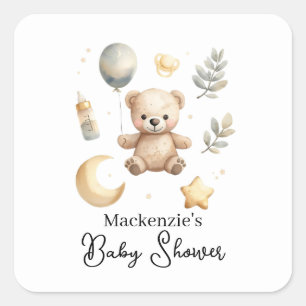Pegatina Cuadrada Ducha de bebé con osito de peluche celestial acuar