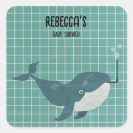 Pegatina Cuadrada Ducha de bebé de ballena en piscina