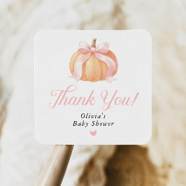Pegatina Cuadrada Ducha de bebé de calabaza con lazo rosa
