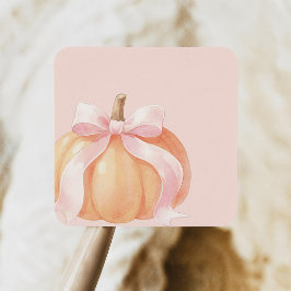 Pegatina Cuadrada Ducha de bebé de calabaza con lazo rosa