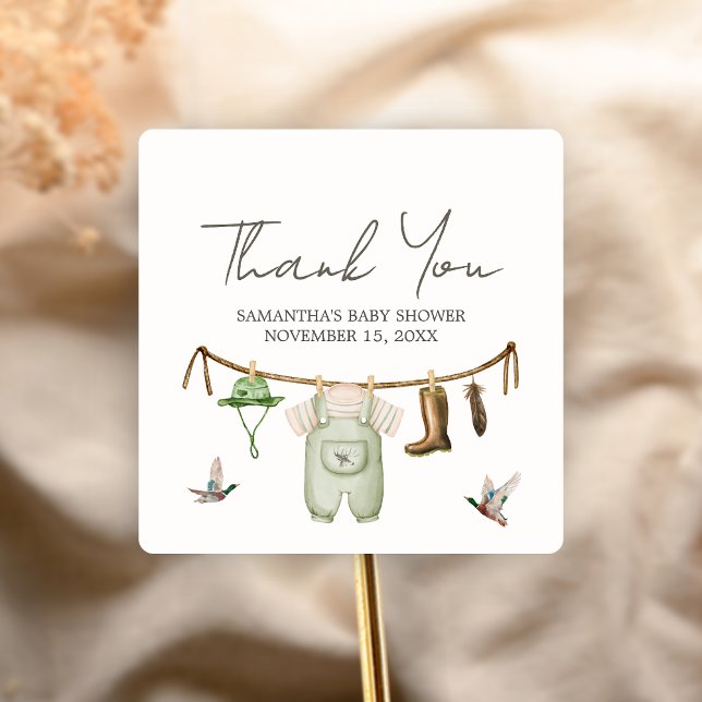 Pegatina Cuadrada Ducha de Bebé de Caza de Patos (Little Hunter Duck Baby Shower Sticker)