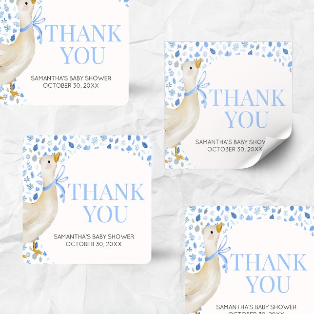Pegatina Cuadrada Ducha de bebé de gansito tonto azul (Blue Little Silly Goose Baby Shower Square Sticker)