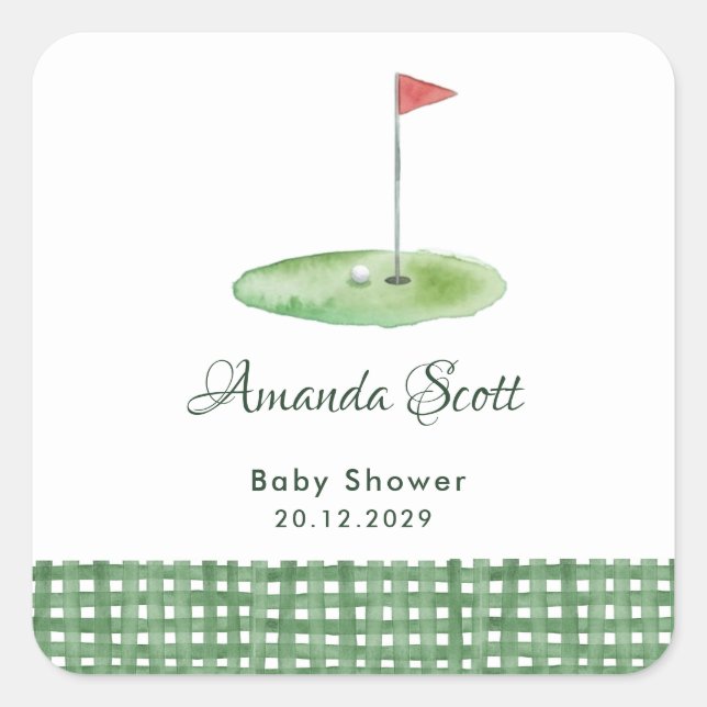 Pegatina Cuadrada Ducha de bebé de golf de gingham verde (Anverso)