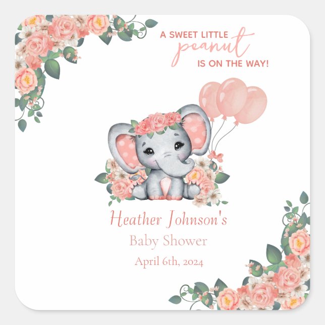 Pegatina Cuadrada Ducha de Bebé de la Niña Elefante (Anverso)