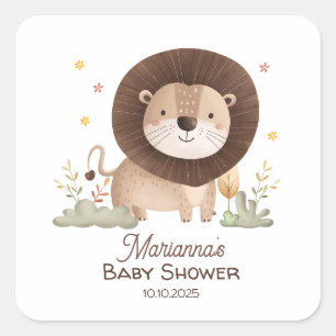 Pegatina Cuadrada Ducha de Bebé de León Adorable Rugiendo de Emoción