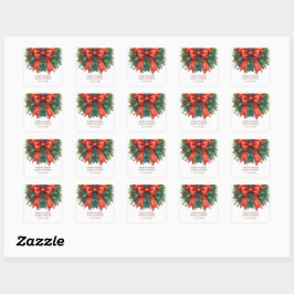 Pegatina Cuadrada Ducha de bebé de Navidad con lazo rojo