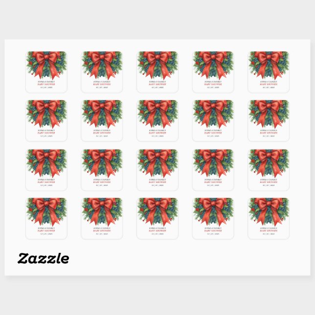 Pegatina Cuadrada Ducha de bebé de Navidad con lazo rojo (Hoja)
