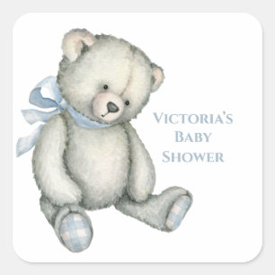 Pegatina Cuadrada Ducha de bebé de niño en acuarela Oso de peluche B