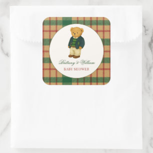 Pegatina Cuadrada Ducha de bebé de Plaid Navideño Preppy Bear