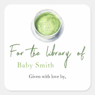 Pegatina Cuadrada Ducha de bebé de té Matcha - Para la biblioteca de
