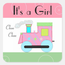 Pegatina Cuadrada Ducha de bebé del tren Choo Choo rosa