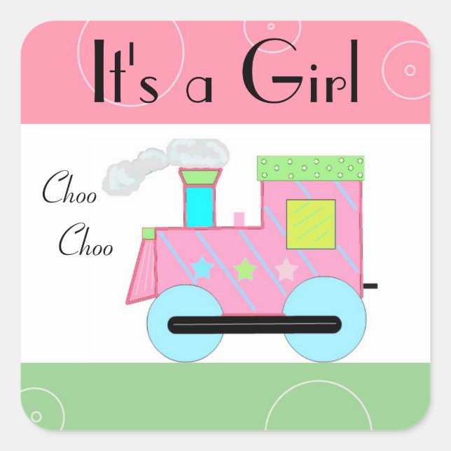 Pegatina Cuadrada Ducha de bebé del tren Choo Choo rosa (Anverso)