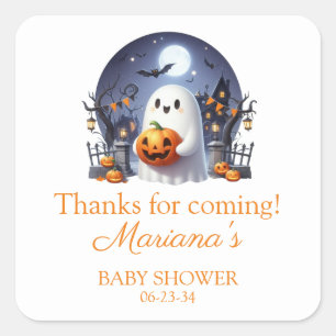 Pegatina Cuadrada Ducha de bebé fantasma Little Boo de Halloween