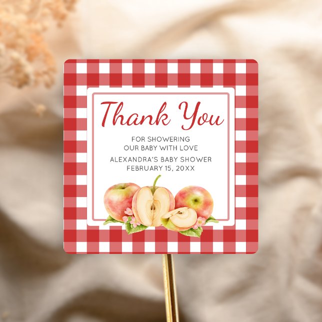 Pegatina Cuadrada Ducha de bebé Gingham Apple of Our Eye (Apple Baby Shower Sticker)