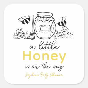 Pegatina Cuadrada Ducha de bebé Honey Hand-drawn Jar & Bees Blanco