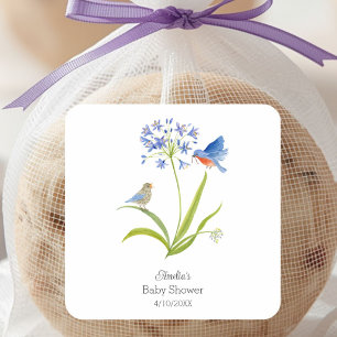 Pegatina Cuadrada Ducha de Bebé Lirio con Madre y Bebé Pájaro Azul
