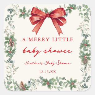 Pegatina Cuadrada Ducha de Bebé Navideña Alegres Fiestas con Lazo Ro