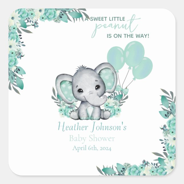 Pegatina Cuadrada Ducha de Bebé Neutral Elefante (Anverso)