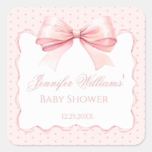 Pegatina Cuadrada Ducha de bebé niña boho con lazo rosa lindo
