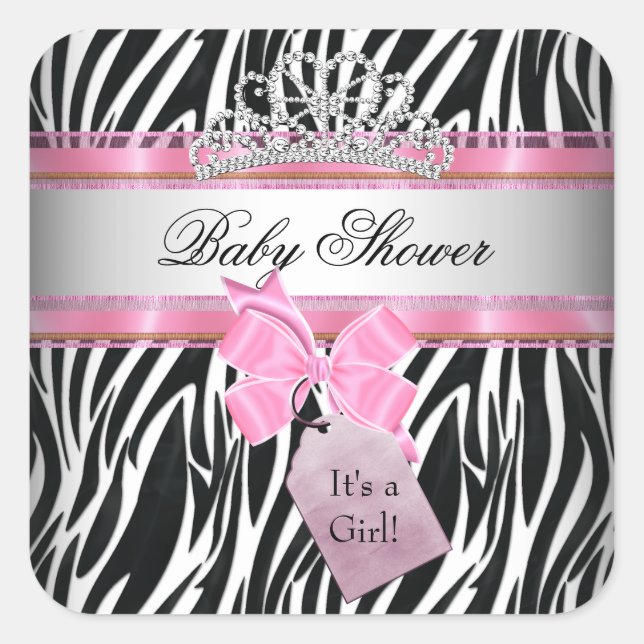 Pegatina Cuadrada Ducha de Bebé Niña Cebra Rosa Princesa Negra (Anverso)