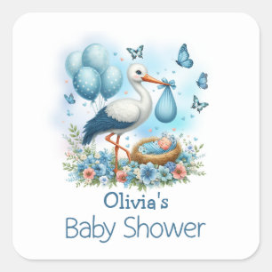 Pegatina Cuadrada Ducha de bebé niño Cigüeña Azul
