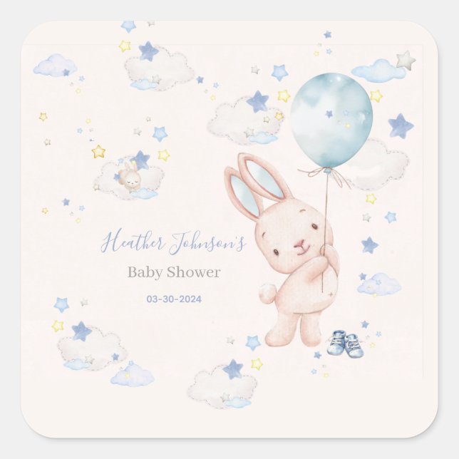 Pegatina Cuadrada Ducha de bebé niño conejito (Anverso)