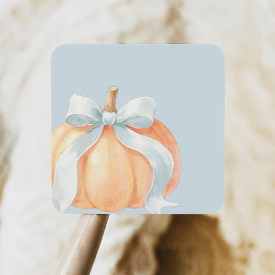 Pegatina Cuadrada Ducha de bebé niño de calabaza con lazo azul polvo