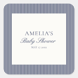 Pegatina Cuadrada Ducha de bebé niño preppy con raya de ticking azul